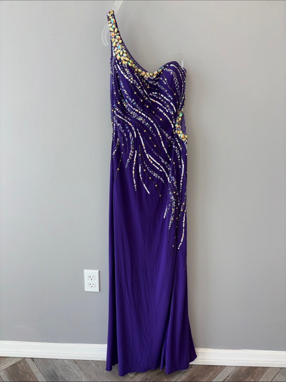 Flirt by Maggie Sottero Purple Beaded one shoulder formal gown
